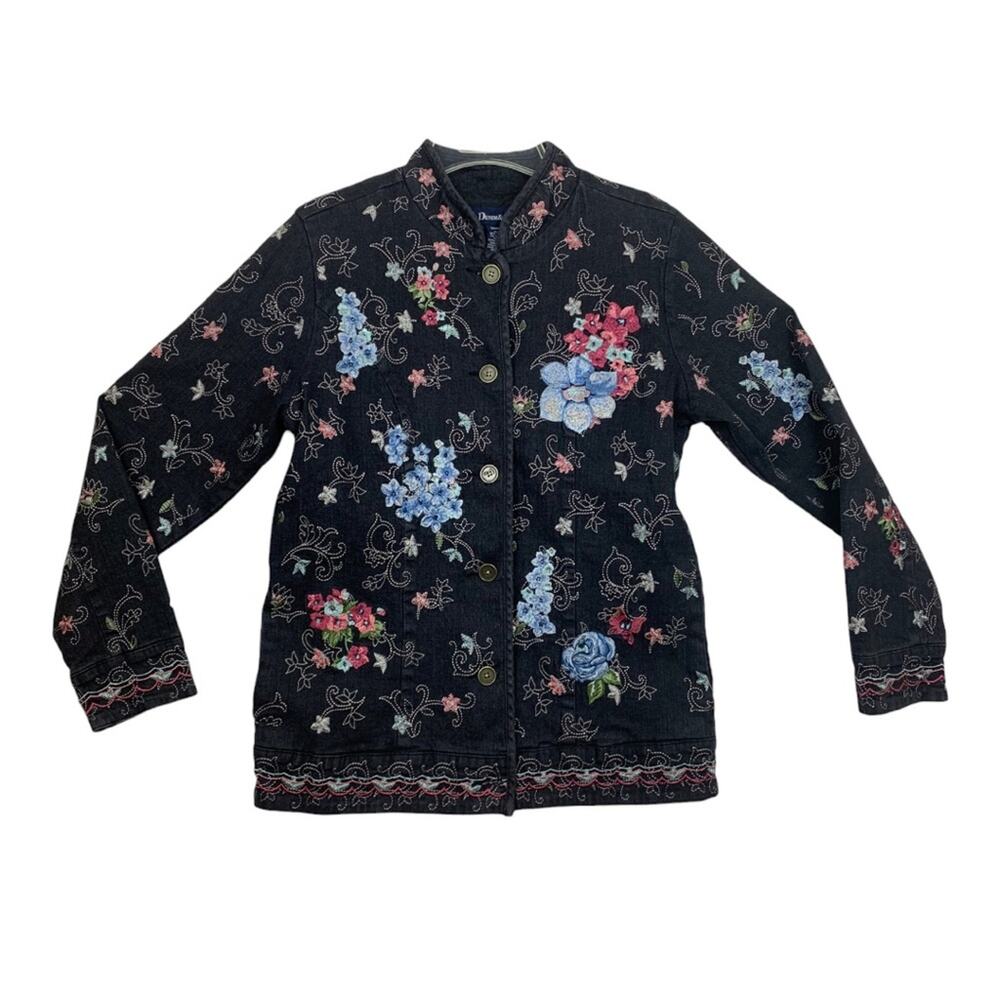 Denim & Co womens small black floral embroidered button up jacket blazer fairy b